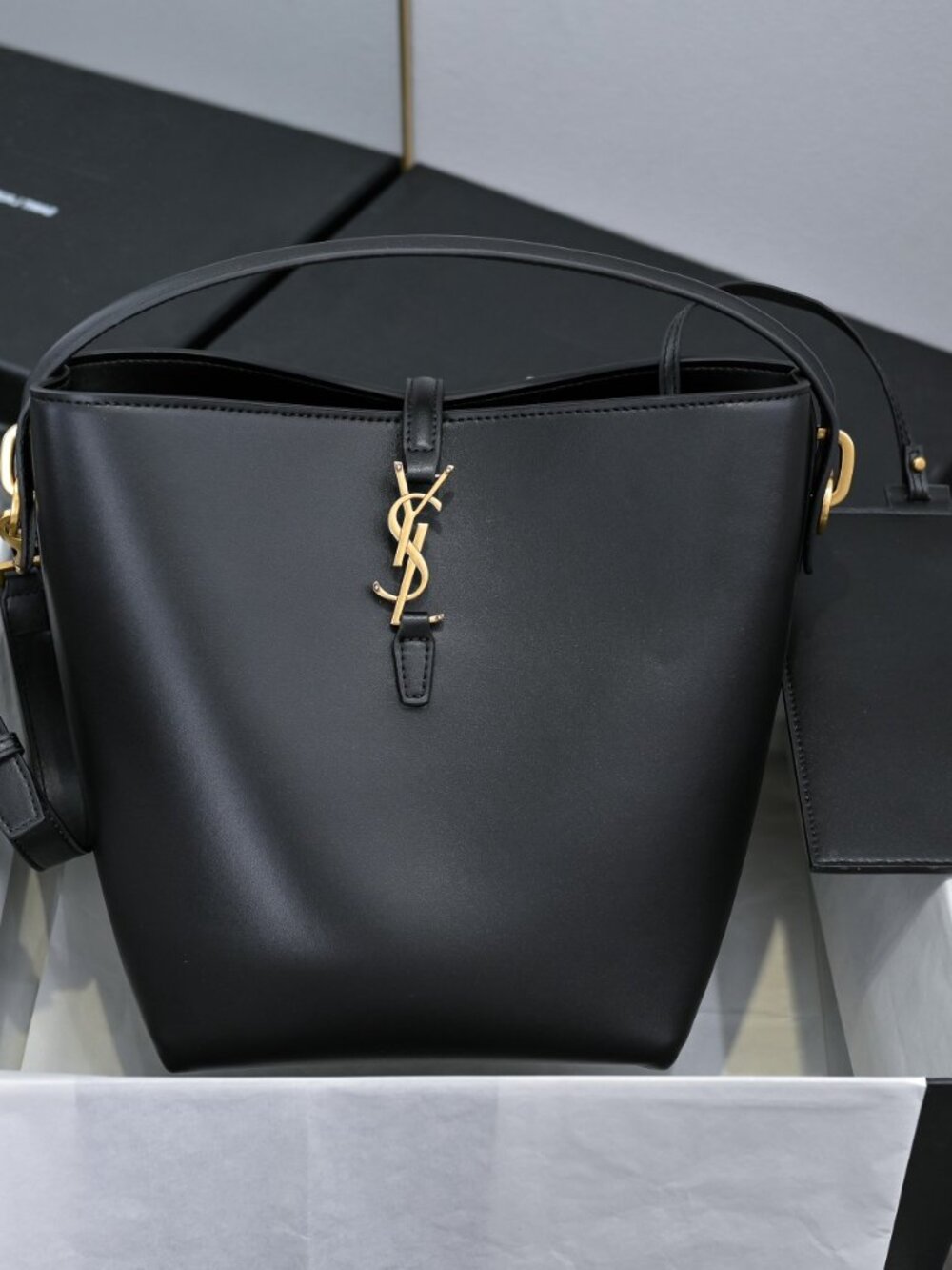 Yves Saint Laurent Black Leather Bucket Shoulder Bag with Gold YSL Logo